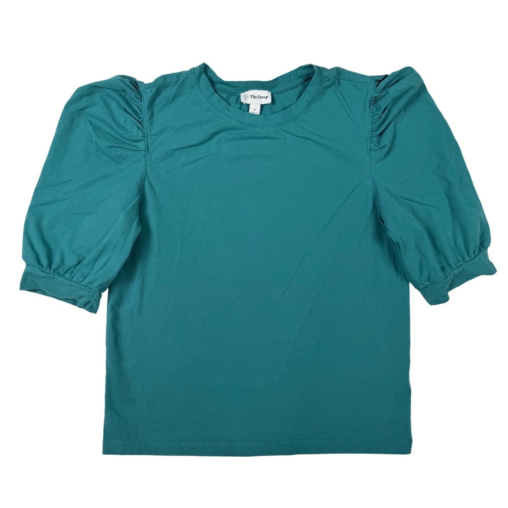The Drop‎ Puff Sleeve Top Womens Medium Teal Excellent Pleated Shoulder Stretch